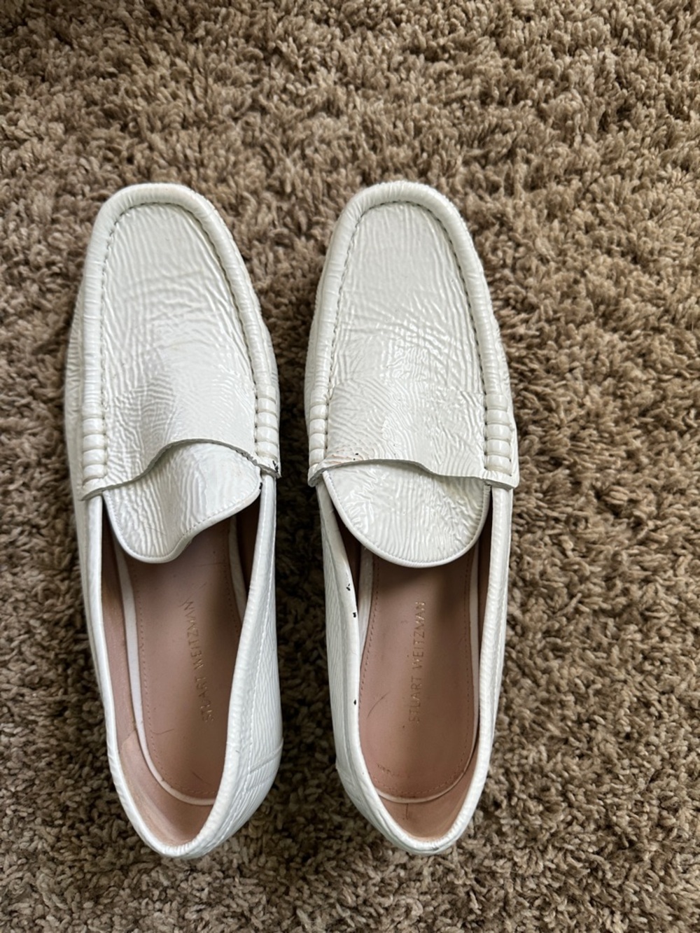 Stuart Weitzman White Textured Leather Penny Loafers